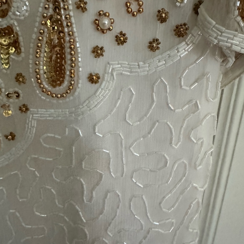 Vintage Lawrence Kazar Silk Beaded Sequined White And Gold Evening Dress Size L - Picture 6 of 7
